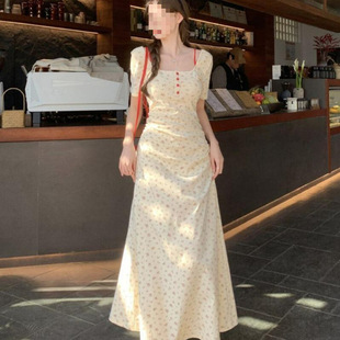 plus size Women's New Holiday Style Short Sleeve Floral Long Skirt chubby girl Elegant Summer French Tight Waist dress