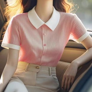Pink Shoulder Short-sleeved T-shirt Women's 2025 Summer New Korean POLO Neck Slim Knitted Shirt Fresh