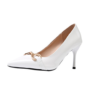 35-45 Size plus size Women's Shoes High Heels Women's 10cm Thin Heel Metal Horse Buckle Patent Leather All-match Evening Style Gentle
