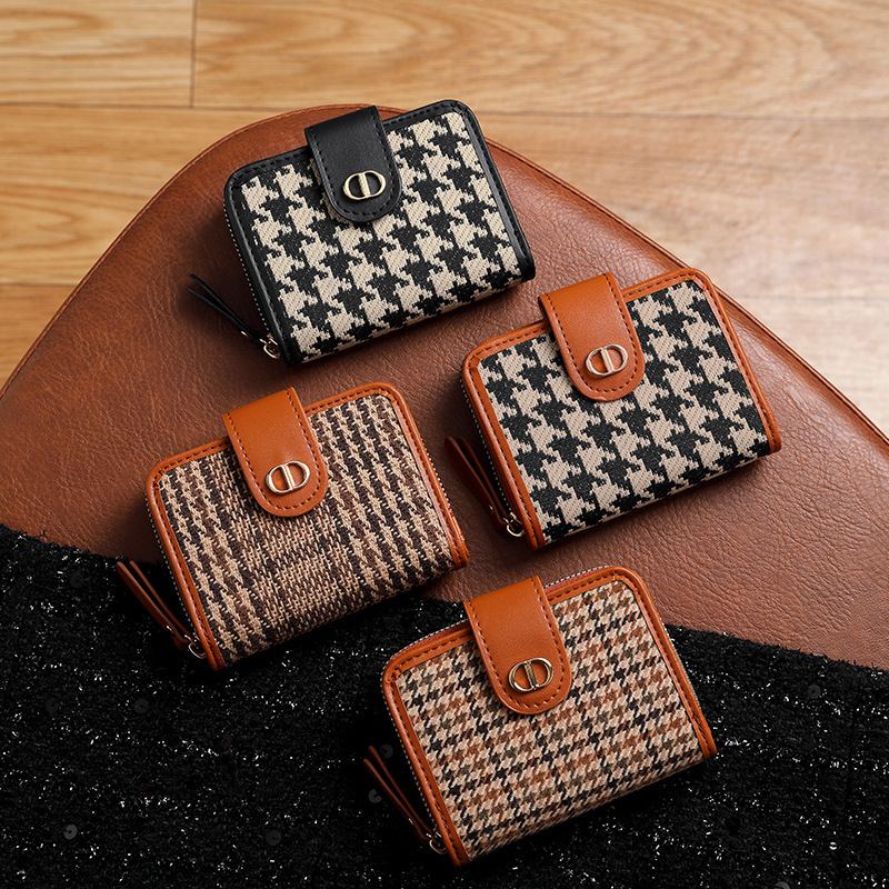High-end purse card holder organ women's short houndstooth exquisite high-end women's folding wallet all-in-one bag