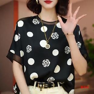 2024 spring new short-sleeved colorful shirt shirt shirt round neck plus size women's polka dot printed age-reducing T-shirt top