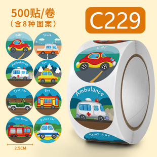 500 sheets/roll cartoon tractor car learning English stickers self-adhesive children's toy reward praise stickers