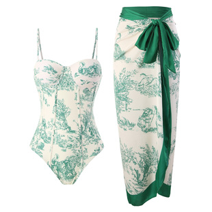 2024 European and American New Arrival one-piece Swimsuit Women's Tight-fit Slimming Vintage Strap Sunscreen Long Dress Two-piece Set Hard-cover Swimsuit