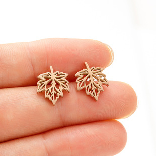 2023 autumn new maple leaf stud earrings ins women's stainless steel retro hollow niche design simple leaf earrings