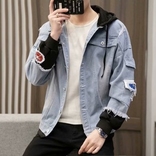 One Point Factory Denim Jacket Men's Fake Two-Piece Hooded Color Korean Fashionable All-Match Loose Casual Jacket