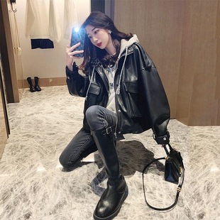 Fake Two-piece Leather Jacket Women's 2023 New Black Hooded Stitching Loose Short Biker Clothing Puleather Jacket