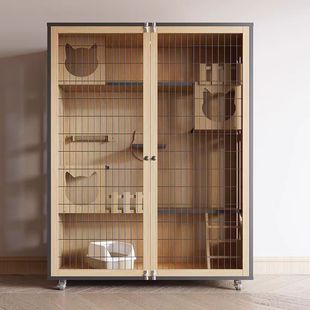 Wooden Cat Villa Household Indoor Cat Cage Grid Door Cat House Three-layer Cat Cabinet Breeding Cage Cat Nest Luxury Cat House