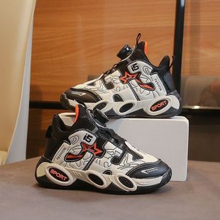 Children's Basketball Shoes Spring and Autumn New Leather Rotating Button Boys sneaker Middle and Big Children Wear-resistant Shock-absorbing Running Shoes