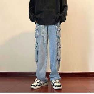 Hong Kong style trendy brand functional multi-pocket overalls men's American casual ins high street spring and autumn boys wide leg Denim