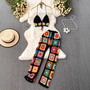 Fashion Set Women's Bohemian Tassel Hollow Crochet Knitted Camisole Two-piece High Waist Pants