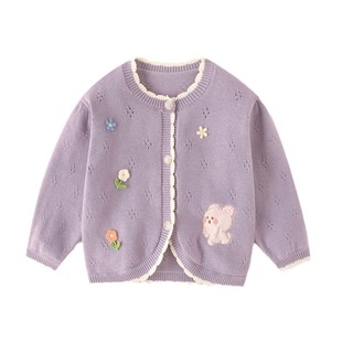 Spring girls' sweater sweet flower hollow cardigan girls' class A cotton round neck sweater one-piece delivery