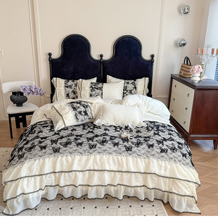 2025 Waxy Cotton Three-dimensional Embroidered Chiffon Lace Four-piece Set Household Bedding Pure Cotton Cotton Bed Sheet Bed Cover