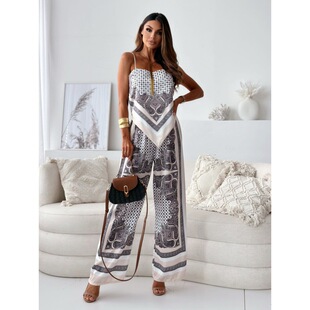 2025 European and American Cross-Border Export Russian New Fashion Printed Suspenders Wrapped Chest Positioning Flower Pants Two-Piece Suit