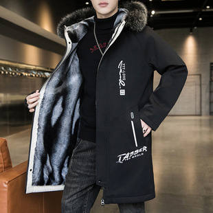 Foreign Trade Winter Trendy Brand Mid-length Cotton-padded Clothes Men's Hooded Warm Cold-resistant Cotton-padded Jacket fleece-lined Thickened Men's Coat