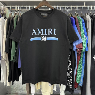 Трансграничная внешняя торговля приливная бренд AMIRI Classic с синим печатным вырезом повседневная мужская футболка с короткими рукавами большого размера