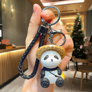 New creative cartoon resin straw hat panda car ornaments backpack pendant doll small gift key chain wholesale