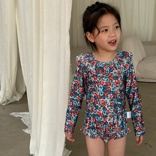 2024 Summer New Children's One-piece Swimsuit Girls' Floral Long-sleeved Sunscreen Swimsuit Quick-drying Hot Spring Beach Vacation
