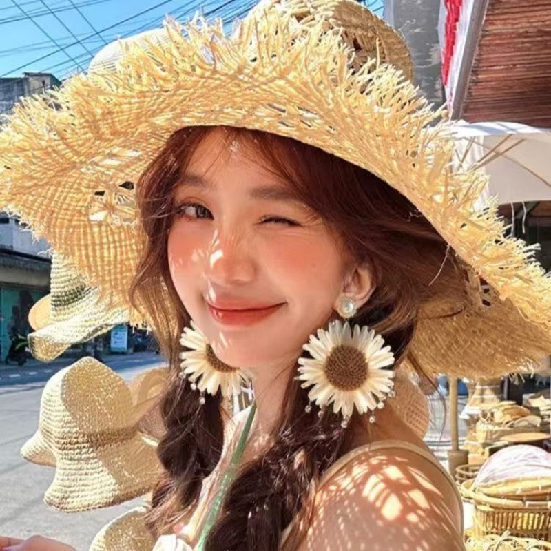 [Peach Tea] Hawaii Afternoon Holiday Wind Sunflower Earrings Exaggerated Women's Seaside Travel Photo Earrings