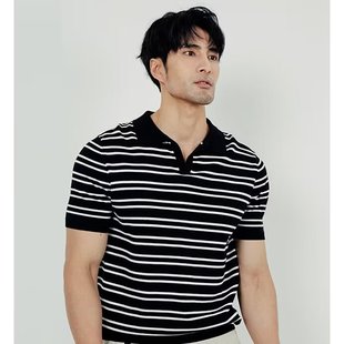2024 Summer New V-neck Ice Silk Striped Polo Shirt Men's Short-sleeved Trendy All-match Simple Fashion Lapel T-shirt for Men