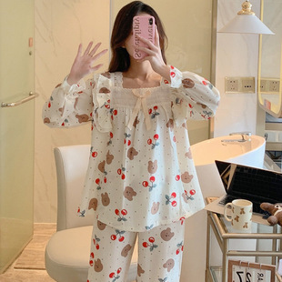 Pastoral style spring long-sleeved pajamas women's cute small flower square collar lace bubble cotton loose student home can be worn outside