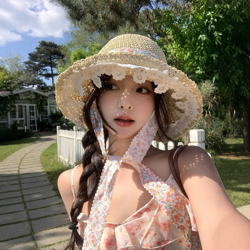 French Style Floral Lace-up Straw Hat Women's Summer Seaside Vacation Lace Hollow Sunshade Hat Woven Sun Hat