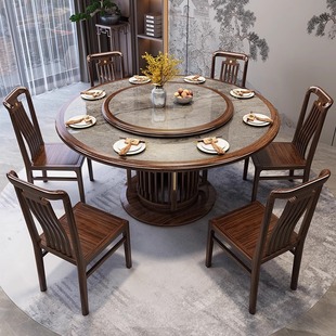New Chinese Style Full Solid Wood Dining Table with Turntable Table Ebony High-end Villa Round Table Household Dining Table and Chair Combination