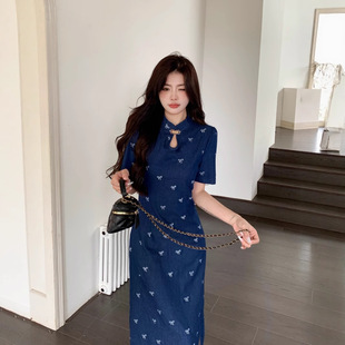 plus size Guofeng New Chinese Style Improved Gentle Girl Summer Hollow Bow Embroidery Denim Cheongsam dress