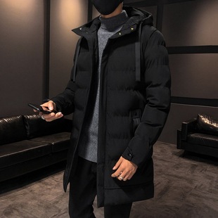 2021 autumn and winter new men's warm cotton-padded velvet padded mid-length youth coat student casual hooded
