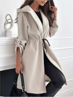 2024 Europe and the United States cross-border Amazon fashion strap hooded lapel women's casual long sleeve autumn and winter long coat