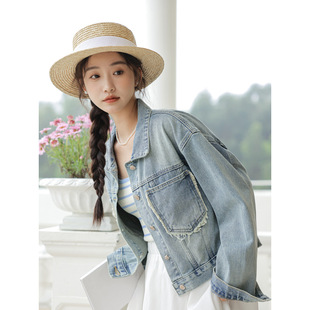 ins Denim Jacket Women's 2023 Early Autumn New Hong Kong Style chic Casual Short Tassel Large Pocket Design Jacket