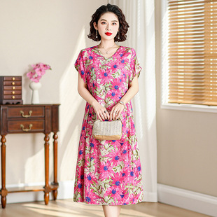 Mom's Summer dress 2024 New Foreign-style Middle-aged and Elderly Women's Short Sleeve 40-year-old 50-color Elegant Printed Skirt