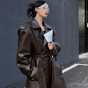 Heavy Industry Leather Mid-length European and American Hot Girl Design Sense Trenchcoat Coat Women's PU Leather Over-the-knee Coat Trendy