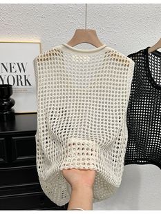 Fashion Simple Loose Lazy Style Hollow Grid Sleeveless Sweater Vest Women's Casual Vest Top Stacked Wear