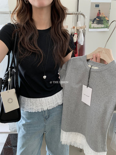 Black Niche Lace Short-sleeved T-shirt Women's 2025 Spring and Summer New Slim-fit Shoulder Round Neck Half-sleeved Top