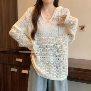 Real shot ~ plus size lazy style hollow hooded long sleeve sweater women's autumn new chubby girl gentle temperament top