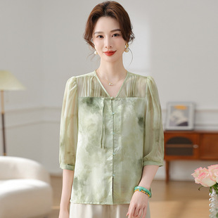 Mom Summer New Fashion Elegant Commuter Printing Silk Elegant Women's Cardigan Shirt All-match suit