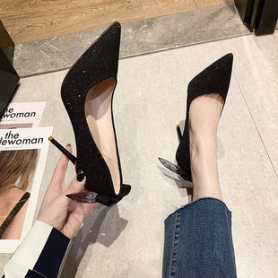 Women's high heels Summer and Autumn 2023 new bow pointed stiletto heel fairy shoes Golden wedding shoes