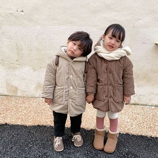 Children's Cotton Clothes fleece-lined Thickened Corduroy Plaid Cotton-padded Jacket Winter Korean Style New Baby Hooded Jacket for Boys and Girls