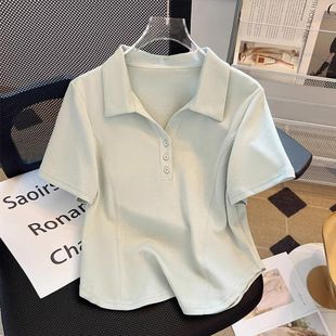 European summer plus size women's 2025 new polo shirt lapel solid color stitching curved hem short sleeve t-shirt women