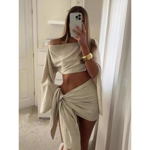 New Hot Holiday Style Fashion Sexy Slant Collar Shoulder Short Top Wrap Dress Two-piece Independent Station Hot Sale