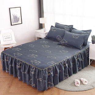 New Korean Style Bed Skirt Single Piece Bed Cover Brushed Anti-Slip Bed Cover Protective Cover Bed Three-Piece Bed Bed Sheets Double Bed