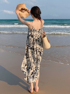 Ink Painting V-Neck Korean Style Slip Dress Women's Summer Pure Desire Style Casual Long Dress Beautiful Chic Tea Break dress