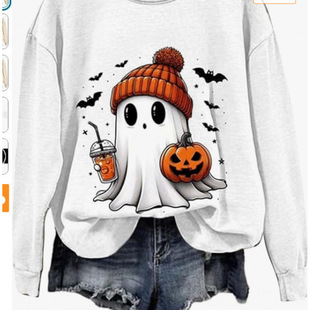 2024 autumn and winter new Amazon cross-border foreign trade women's Halloween 3D digital printing round neck shoulder sleeve sweater
