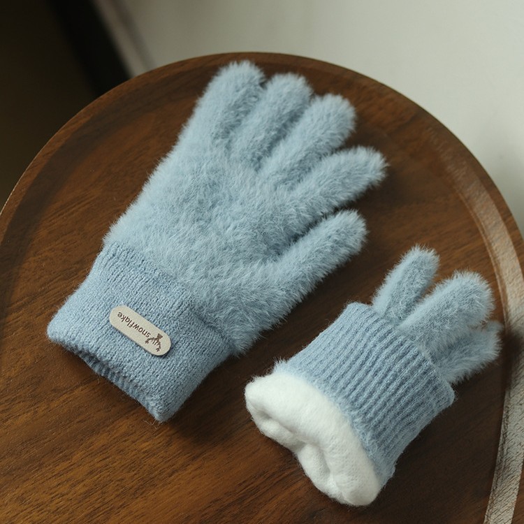Furry Gloves for Women in Winter, Cute Color-Blocked Plush Knitted Wool Five-Finger Korean Style Fleece-Lined and Thickeneding for Cycling to Keep Warm
