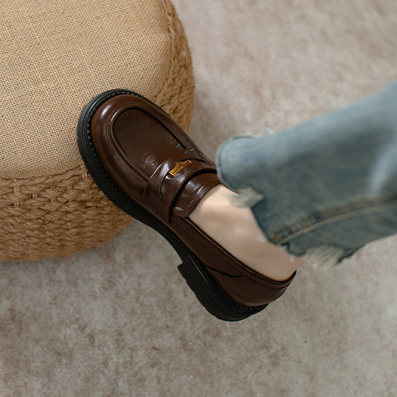 Miu2025 Autum New Sweet and Cool Style Thick-Soled Inner Heightening Small Leather Shoes Women's Small Size Loafers 32-33 Size