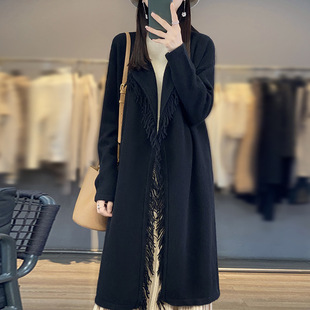 2023 autumn and winter New tassel wool sweater cardigan women's coat shawl loose mid-length knitted cashmere coat