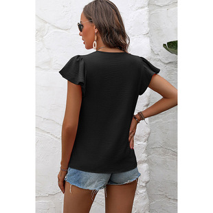 Summer new round neck loose pullover chiffon shirt for women 2024 European and American elegant commuter solid color short sleeve top for women