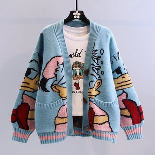 Japanese cartoon jacquard sweater coat for women 2023 autumn and winter New lazy style loose outer wear versatile knitted cardigan