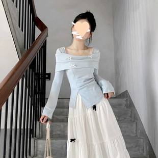 French Style Gentle Bow Design Spring Blue Split Long Sleeve Top High Waist Slim-Fit Skirt suit