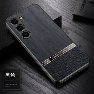 For Samsung A16 Double Patch Wood Pattern Leather Phone Case S25Ultra Business Full Coverage Lens Drop-resistant Protective Case